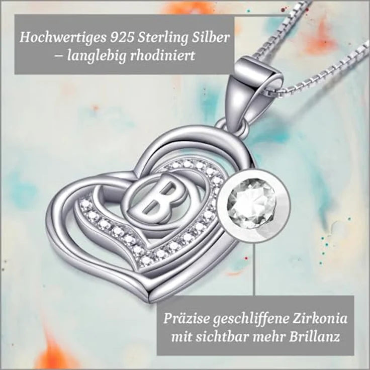 Morella Damen Halskette Herz Buchstabe B, 925 Silber rhodiniert mit weißen Zirkoniasteinen, 46 cm – Bild 2