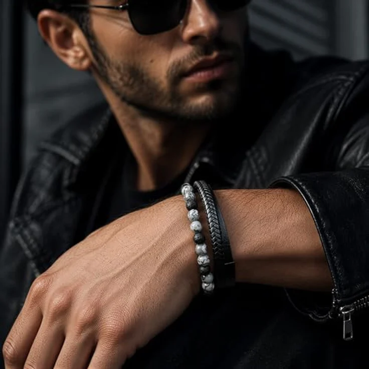 KC Premium Männer Lederarmband mit Lavastein Jasper Perlen, Handgemacht mit inspirierender Gravur, Größenverstellbar mit Magnetverschluss Edelstahl, Lieferung in Geschenk Schmuckbox (Silber Grau Schwarz) – Bild 2