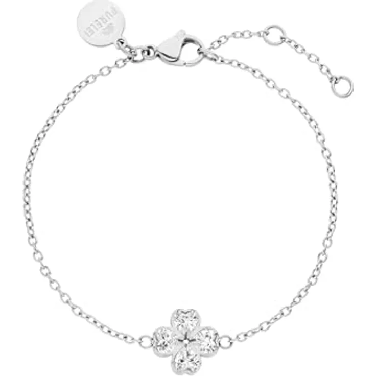 Purelei Cuore Armband, Elegantes Ankerketten-Armband mit Kleeblatt-Anhänger aus Zirkonia-Herzen, Silber, verstellbare Länge 16/17,5/19 cm