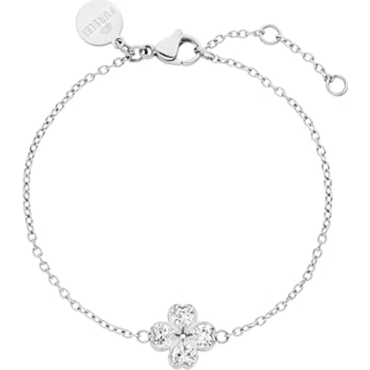 Purelei Cuore Armband, Elegantes Ankerketten-Armband mit Kleeblatt-Anhänger aus Zirkonia-Herzen, Silber, verstellbare Länge 16/17,5/19 cm – Bild 1