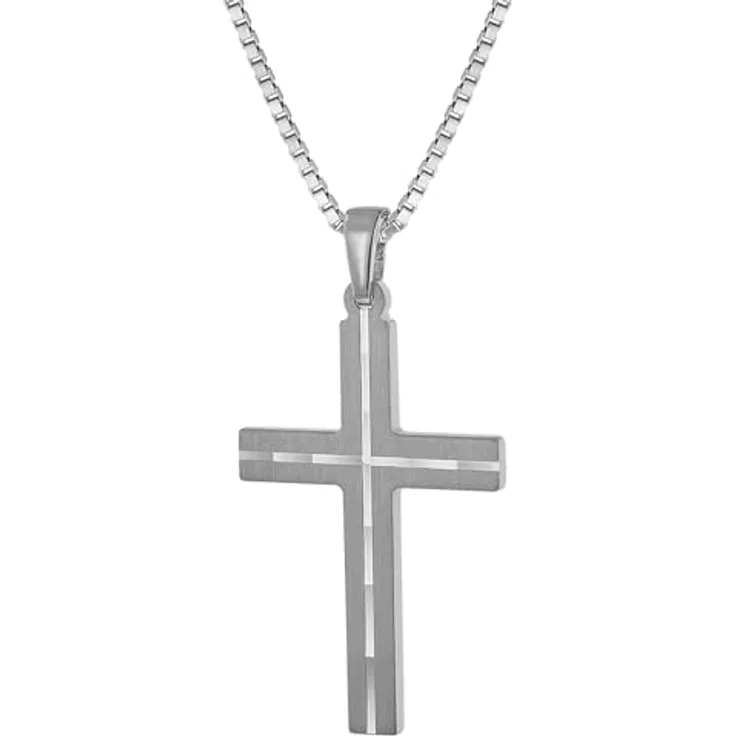 trendor Herren-Halskette mit Kreuz-Anhänger, 925 Silber, 50 cm lang, seidenmatt mit Diamantschnitt, modische Geschenkidee, zeitloser Herrenschmuck
