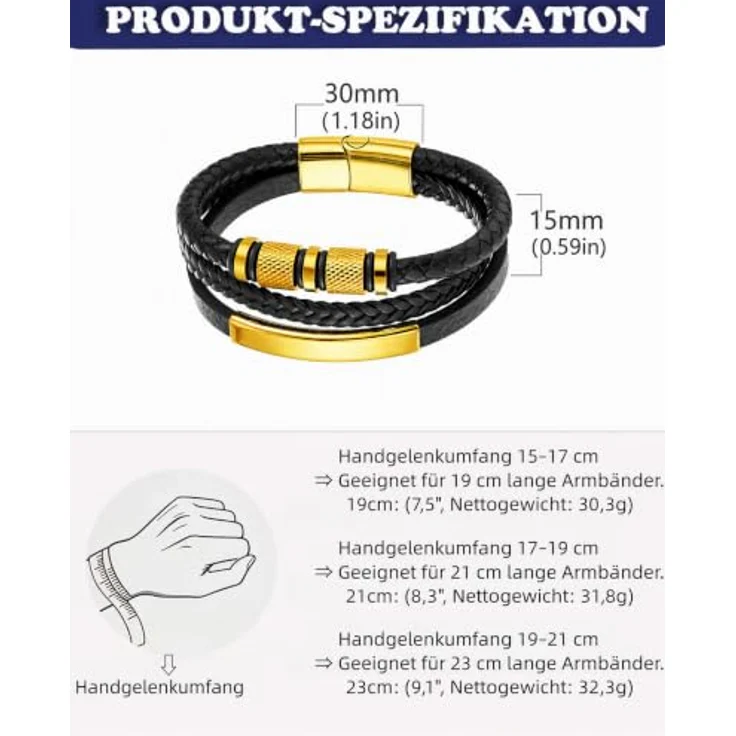 Fantocemea Herren-Lederarmband 23CM, geflochten mit Edelstahl-Magnetschließe, hochwertigem Vollnarbenleder und wasserfesten Beschlägen, perfektes Geschenkset in dunkelblau – Bild 5