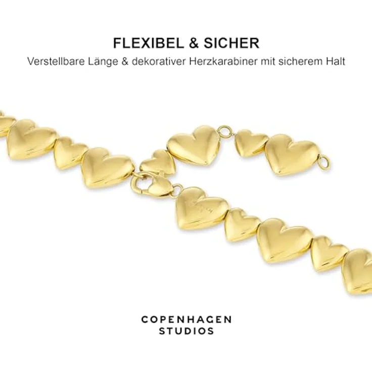 COPENHAGEN STUDIOS Puffy Hearts Halskette - gold - Edelstahl 14K vergoldet, verstellbare Länge, wasserfest & hautfreundlich – Bild 4