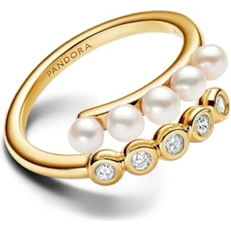 PANDORA Timeless Offener Ring aus Sterling Silber mit vergoldeter Legierung, behandelten Süßwasserzuchtperlen, Zirkonia und graviertem Logo, Größe 54 – Bild 2