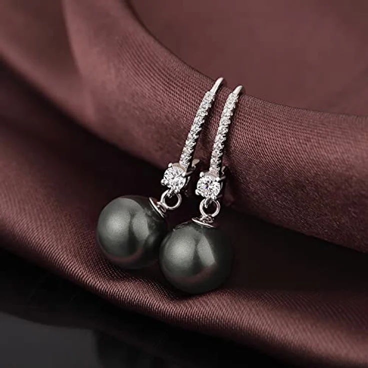Miaofu Schwarz Perlenohrringe Damen, Hängend mit 5A Cubic Zirconia Crystals, S925 Sterling Silber – Bild 3