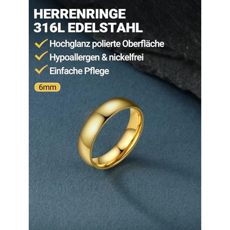 PROSTEEL Herren Bandring 18k vergoldet, hochglanzpoliert, Größe 57, 6mm breit, klassisches Design, perfektes Accessoire für Hochzeit und Verlobung – Bild 2