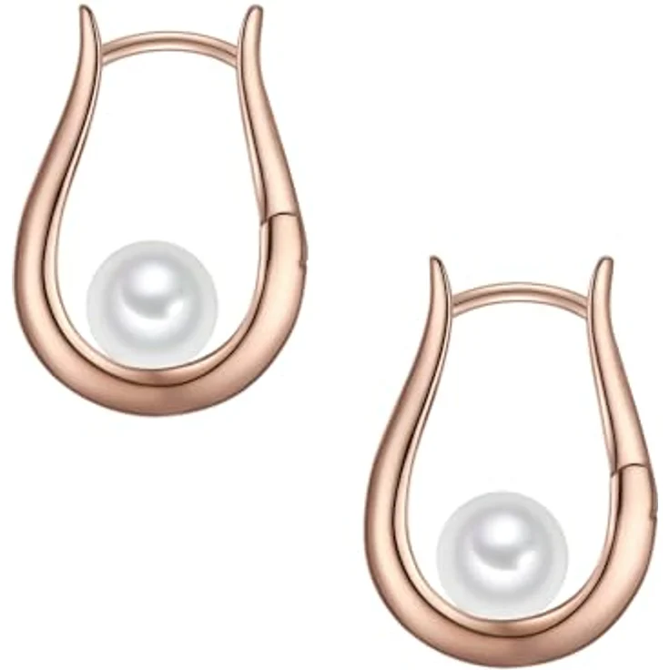 Yokoamii Damen Creolen, rosévergoldet 14 Karat mit runder weißer Muschelkernperle ca. 7,0-7,5 mm, elegantes Design – Bild 2