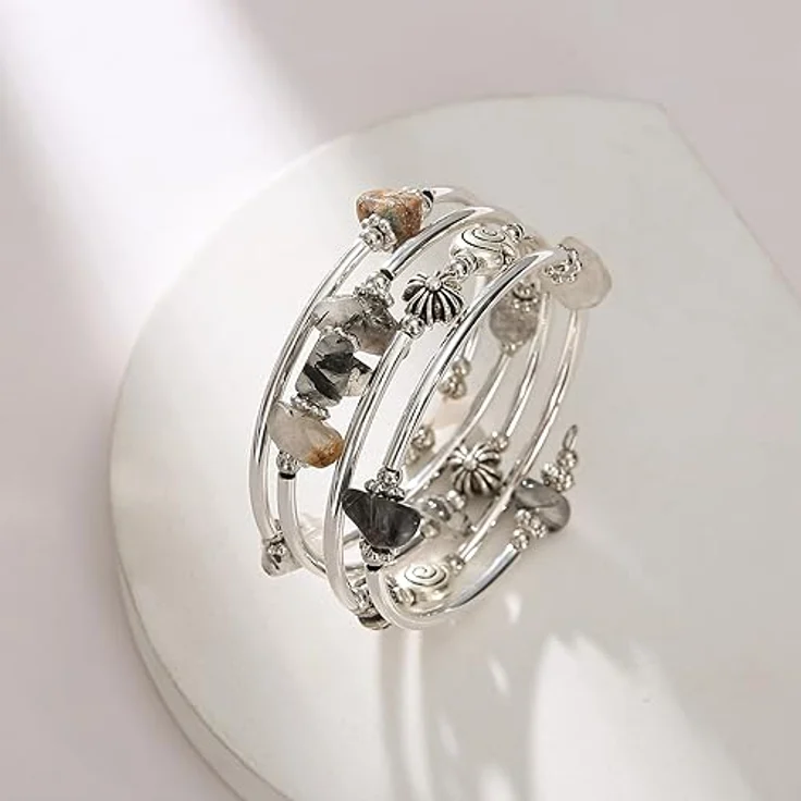 FULU AUTUMN Damen Boho Armband mit mehrlagigen Perlen aus Silber, Wickelarmband aus Natursteinen, Geschenkbox, grau – Bild 3