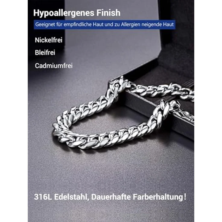 PROSTEEL Panzerkette 14mm Herren Halskette aus Edelstahl, 55cm lange kubanische Gliederkette im Hip-Hop Street Style, silber – Bild 2