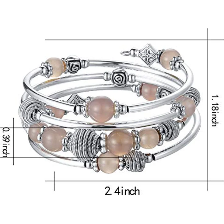 Bulinlin Silber Wickelarmband mit Naturstein Perlen, Boho Mehrschichtiges Damen Armband, Agate Grey, perfektes Modegeschenk – Bild 5