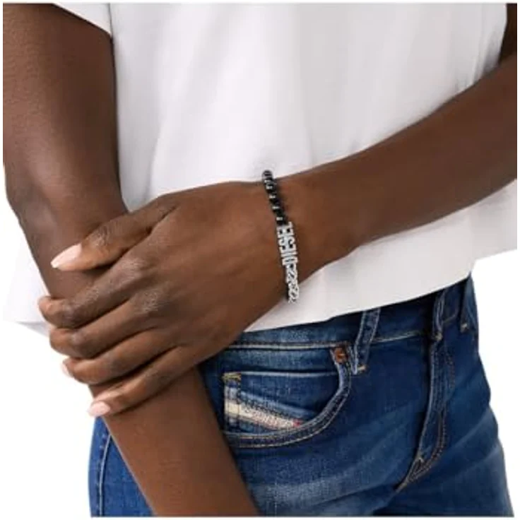 Diesel Unisex Font-Gliederarmband Achat schwarz, Edelstahl Silberfarben, gebürstet, Karabinerverschluss – Bild 4