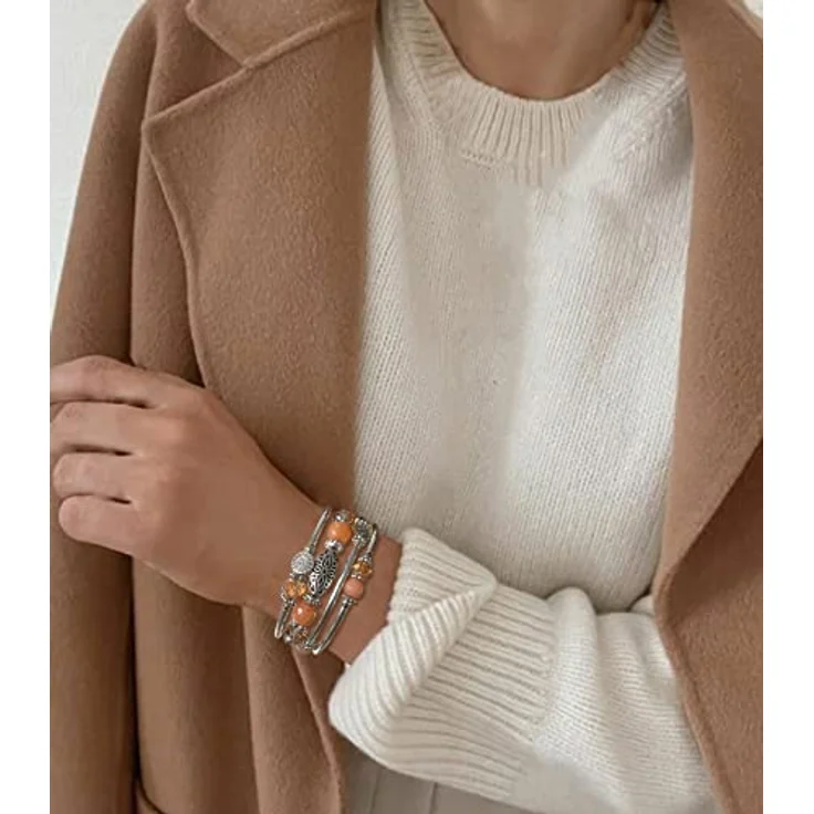 FULU AUTUMN Damen Boho Armband, Mehrschichtiges Perlen Silber Wickelarmband, Geschenk zum Geburtstag und Muttertag, Orange – Bild 4