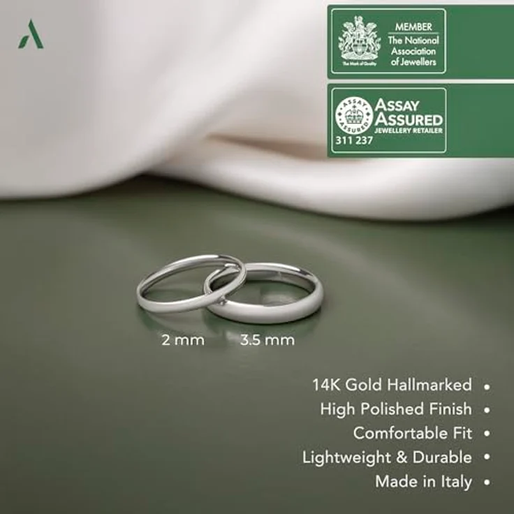 Amberta 14K 585er Gold Eheringe, Polierte Trauringe in Weißgold für Damen und Herren, 2 mm, Größe 51,2 – Bild 5