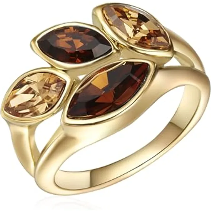 Lulu & Jane Damen Ring, gelbvergoldetes Metall mit Kristallen Colorado Topas, Blätter-Motiv, 2,6 mm schmale Ringschiene