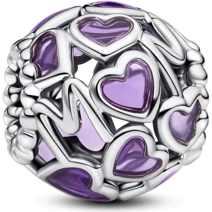 PANDORA Moments Offen gearbeitete Herzen Mum-Charm, Sterling Silber mit lila Emaille und „MOM“-Prägung, kompatibel mit Moments Armbändern, 793772C01