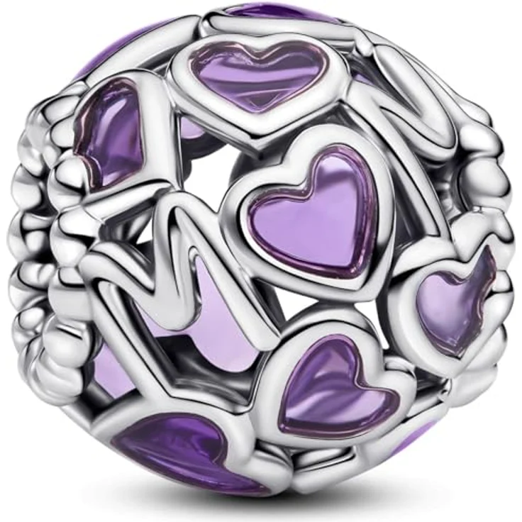 PANDORA Moments Offen gearbeitete Herzen Mum-Charm, Sterling Silber mit lila Emaille und „MOM“-Prägung, kompatibel mit Moments Armbändern, 793772C01 – Bild 1