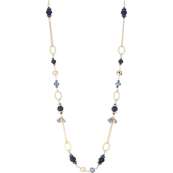 Dazylleco Lange Gold Perlenkette Damen Boho Halskette mit Natursteinen, 90cm, Dunkelblau – Bild 1