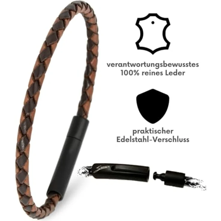 Simaru Lederarmband, 4mm geflochten aus Echtleder, Edelstahl Hakenverschluss, unisex, wasserfest, Braun mix, 21cm (L) – Bild 2