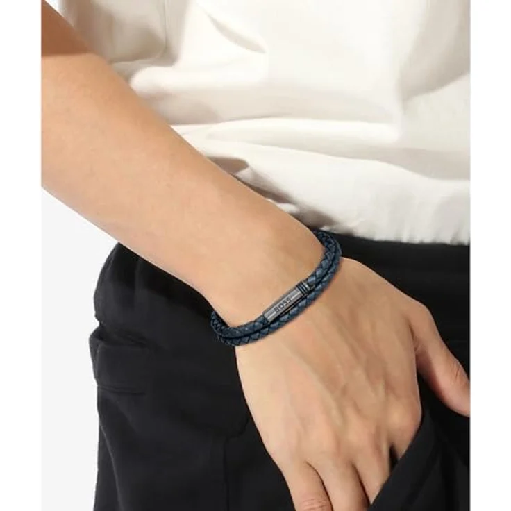 BOSS Jewelry ARES Herren Lederarmband, doppelt gewickelt, marinblau, Edelstahlverschluss mit grauer IP-Beschichtung, 19 cm – Bild 3