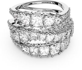 Swarovski Hyperbola Wrap Ring, Damenring mit facettierten weißen Elementen in verschiedenen Schliffen, rhodiniert