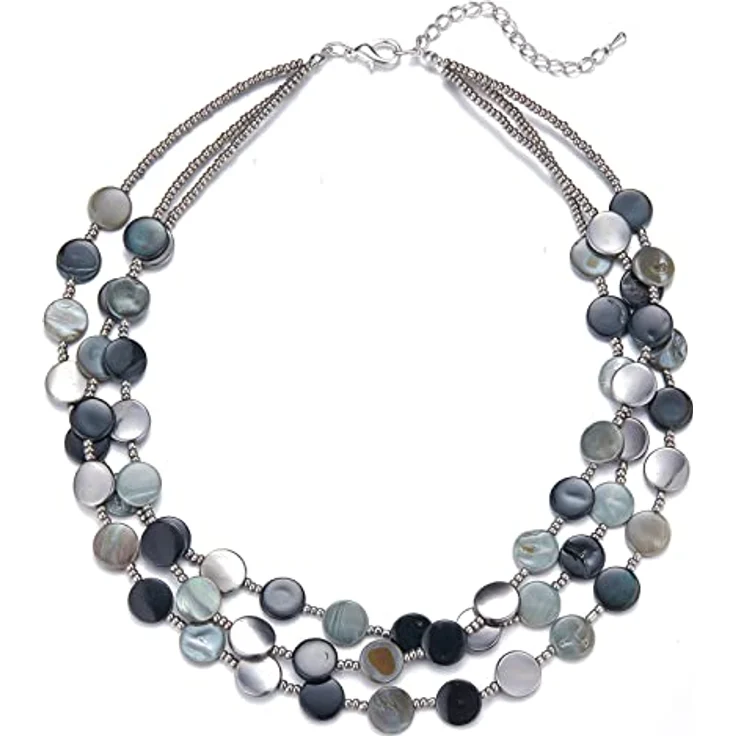 FULU AUTUMN Damen Statement Kette, mehrreihige Muschelkette mit silbernen Perlen, 17 Zoll + 2,7 Zoll Verlängerung, schwarz – Bild 1