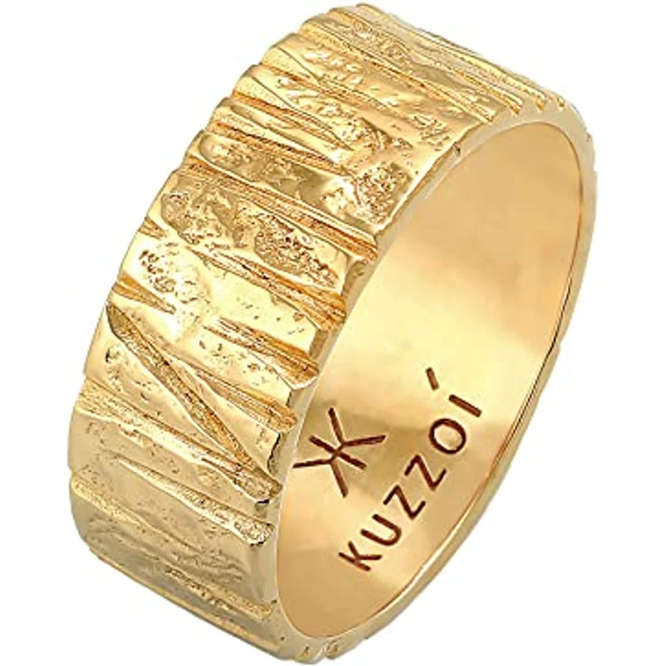 Kuzzoi Herrenring Bandring massiv (9 mm) breit, gehämmert in 925 Sterling Silber vergoldet, Ringgröße 60, Geschenkidee für Männer – Bild 1