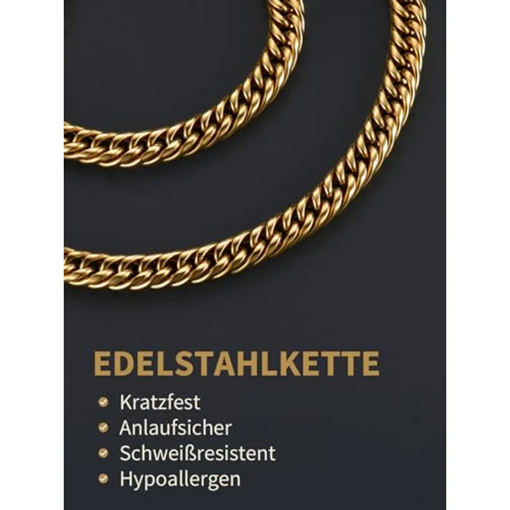 FindChic Panzerkette Herren Gold 9mm massiv 71cm Cuban Link Chain – Hochglanzpoliertes Metall, allergiefrei, mit Geschenkebox für Weihnachten und Valentinstag – Bild 5