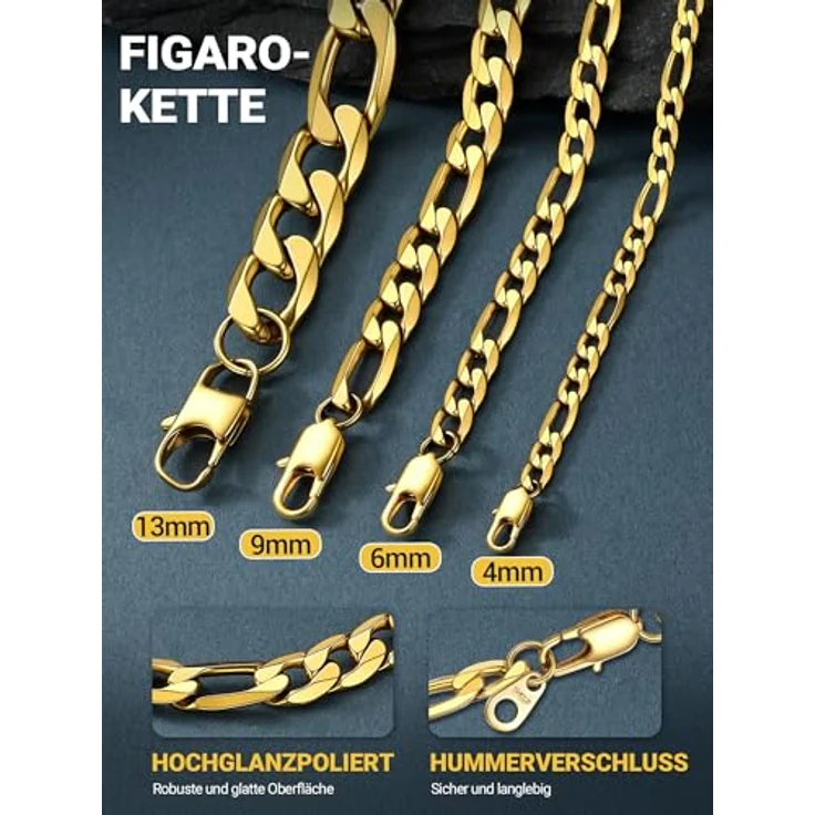 PROSTEEL Herren Halskette Figaro Kette Edelstahl Gold, Breite 4mm, Länge 66cm, Hypoallergen, Modernes Design für Männer – Bild 4