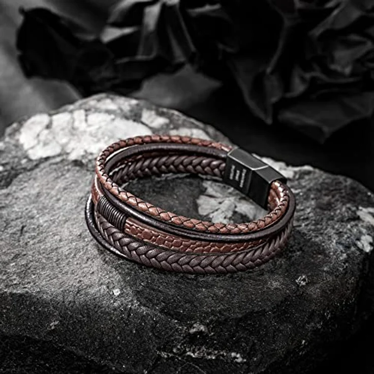Speroto Lederarmband für Männer, geflochten aus Rindsleder und Edelstahl, braun, 23 cm mit Magnetverschluss – Bild 3