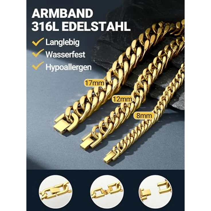 PROSTEEL Herren Armband 18k vergoldet Panzerkette, 21cm lang, 17mm breit, aus 316L Edelstahl, gold – Bild 2