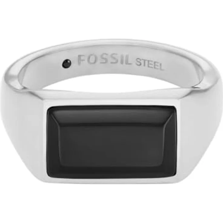 Fossil Herren-Siegelring All Stacked Up, Edelstahl mit schwarzem Achat, matt und glänzend, Größe 18-21, silberfarben