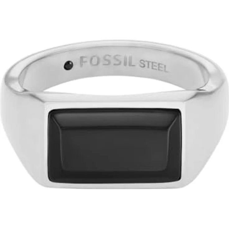 Fossil Herren-Siegelring All Stacked Up, Edelstahl mit schwarzem Achat, matt und glänzend, Größe 18-21, silberfarben – Bild 1