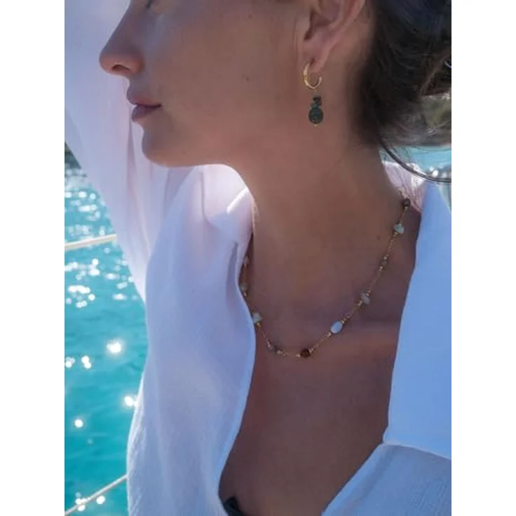 Purelei Island Dream Ohrringe – Creolen mit Amazonit, grünem Achat & Albite-Jade – Edelstahl 18K vergoldet – Damen Hängeohrringe 37 mm – Sommerlicher Boho-Look in Gold – Bild 2
