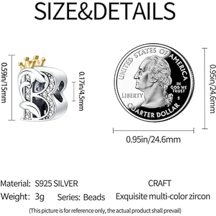 TINSLO Charm Anhänger Buchstabe B, 925 Sterling Silber mit Zirkonia, kompatibel mit Pandora Armbändern und Halsketten für Frauen und Mädchen – Bild 5