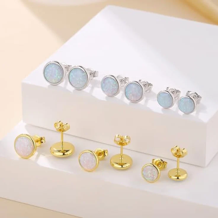 Jiahanzb Opal Ohrringe 925 Sterling Silber Runde Ohrstecker, weiße hypoallergene Ohrringe Stecker Schmuck für Damen, 8 mm, vergoldet – Bild 3