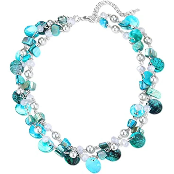 FULU AUTUMN Kristall Perlenkette Boho Muschelkette, bunte mehrreihige Damen-Halskette mit Muschelanhänger, 18 Zoll + 2,7 Zoll verlängerbar, türkis