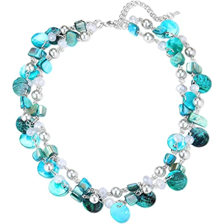FULU AUTUMN Kristall Perlenkette Boho Muschelkette, bunte mehrreihige Damen-Halskette mit Muschelanhänger, 18 Zoll + 2,7 Zoll verlängerbar, türkis – Bild 1