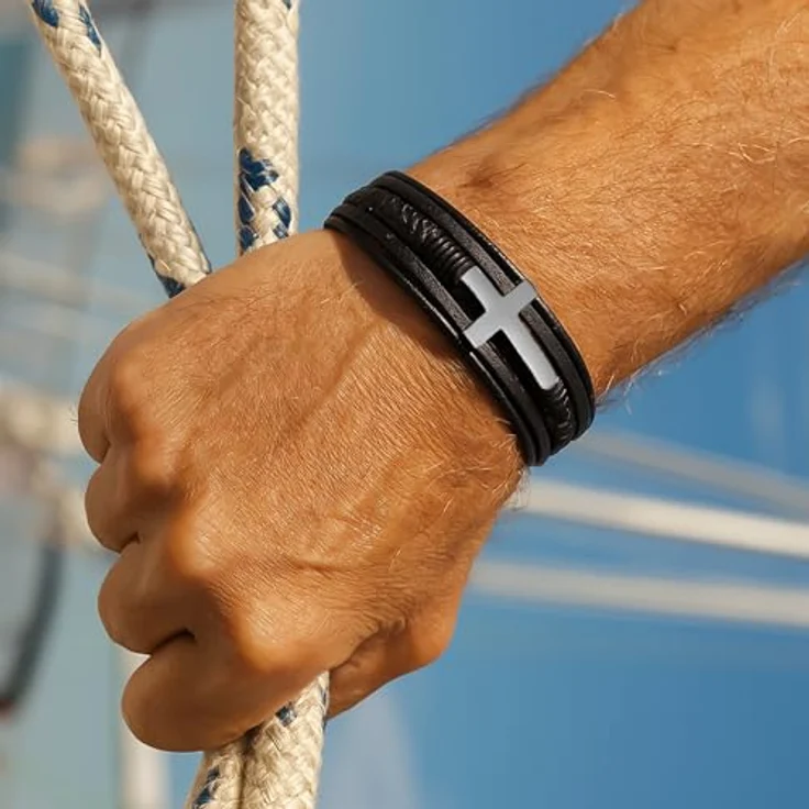 UNIQAL Kreuz Lederarmband Herren „HEAVEN“ | Echtleder Armband mit Kreuz, schwarzes Cross Bracelet, verstellbarer Magnetverschluss, Geschenkbox inklusive, 19 cm + Verlängerung – Bild 4