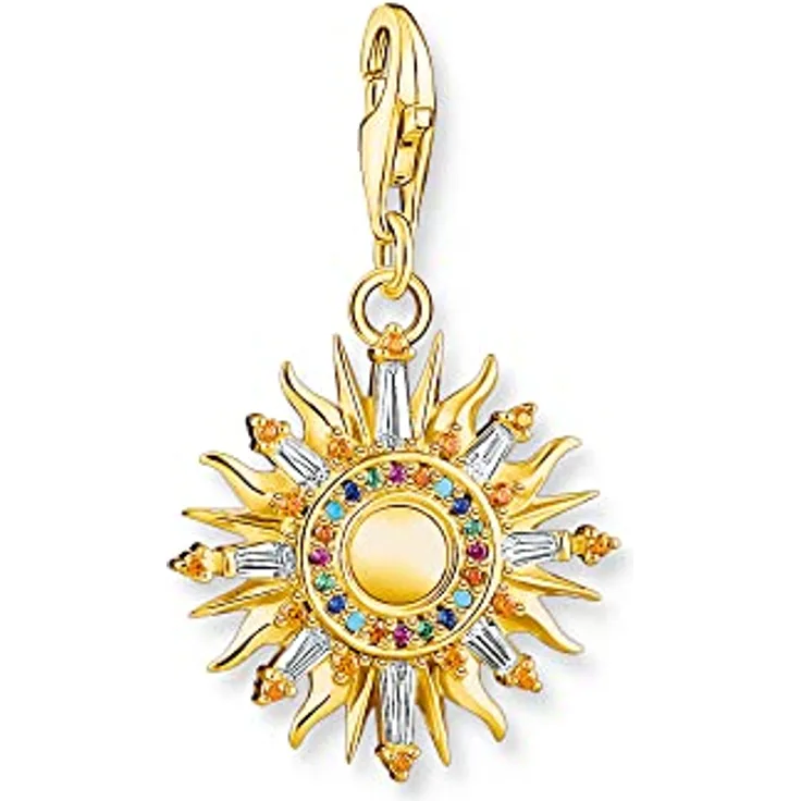 THOMAS SABO Charm-Anhänger bunte Sonne, 925er Sterlingsilber mit 750er Gelbgold-Vergoldung, Maße: 30 x 18 mm, handgesetzte Steine in Weiß, Grün, Blau, Türkis, Orange und Rot, Modell 1935-488-7