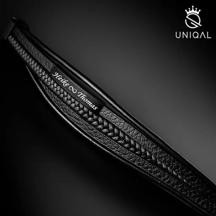 Q UNIQAL STORE GERMANY UNIQAL Personalisiertes Lederarmband mit Gravur "SHAPE" für Herren und Damen, Magnetverschluss, Echtes Rindsleder, Schwarze Platte, 21 cm – Bild 5