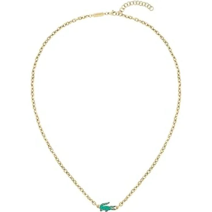 Lacoste ARTHOR Gliederhalskette, Edelstahl in Gelbgold Ionenplattierung, mit grünen Kristallen, UNISEX, 500 mm + 50 mm Verlängerung