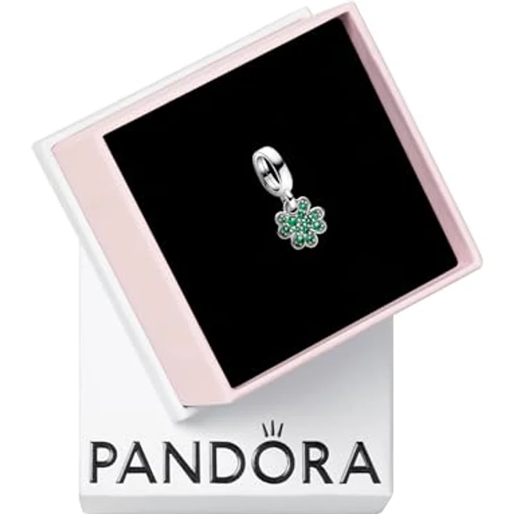 PANDORA Moments Vierblättriges Kleeblatt Charm-Anhänger aus Sterling Silber mit grünen Kristallen, kompatibel mit Moments Armbändern, 792751C01 – Bild 1