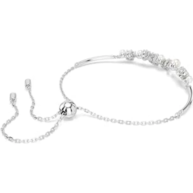 Swarovski Constella Armreif, Rhodinierter Damenarmreif mit weißen Kristallperlen und Zirkonia, Zugmechanismus, 24 cm Länge – Bild 4