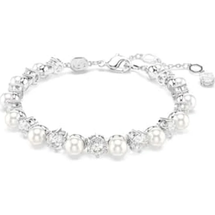 Swarovski Matrix Tennis Armband, Rhodiniertes Damenarmband mit Weißen Kristallen und Kristallperlen, Armbandlänge 16.5-21 cm, Breite 0.5 cm – Bild 1