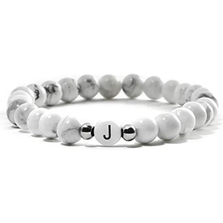 BERGERLIN Buchstaben Armband weiss (Buchstabe J), flexibles Partner Armband aus echtem Magnesit, Unisex, für Handgelenke 16-20 cm – Bild 1