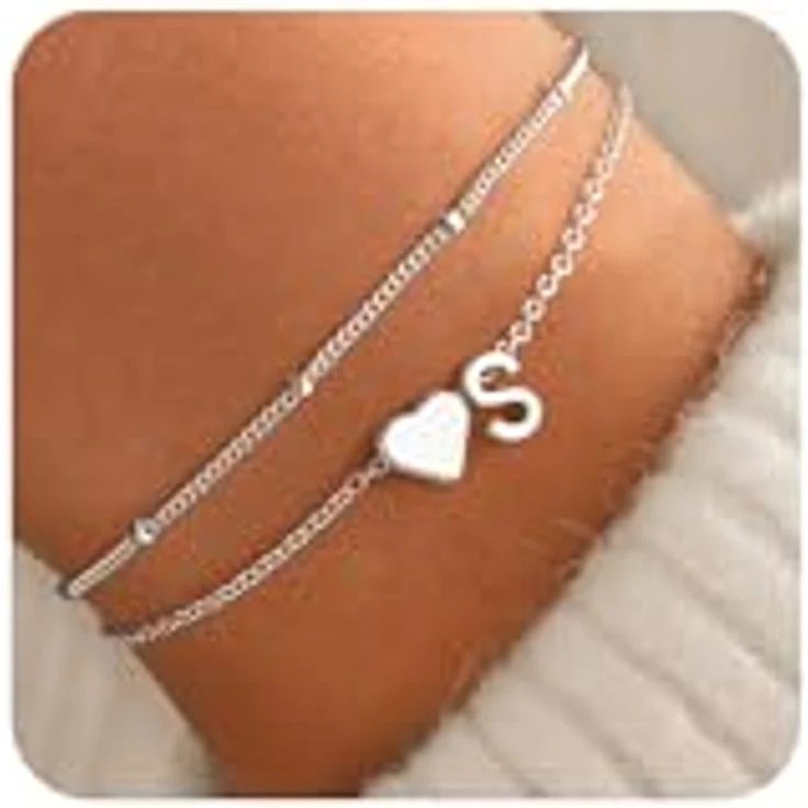 TINGN Armband Damen, 14K Weißgold Vergoldetes Silber Armband mit Buchstaben S und Herz, verstellbare Armkette für Mädchen, personalisierte Geschenke für Frauen und Freundinnen – Bild 1