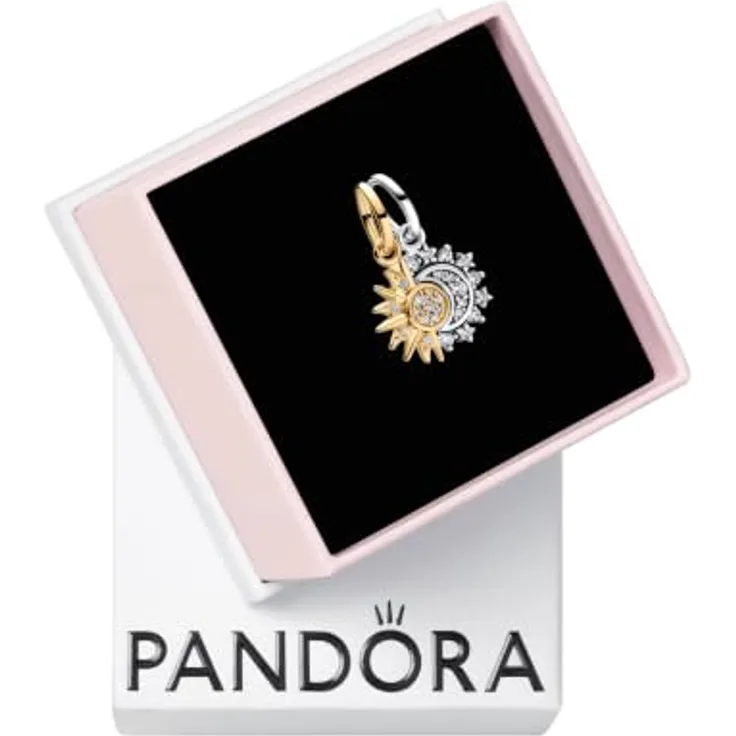 Pandora Charm „Sonne & Mond“ 763585C01, Freundschafts-Anhänger aus vergoldetem Metall und Sterling Silber, mit Zirkonia-Besatz