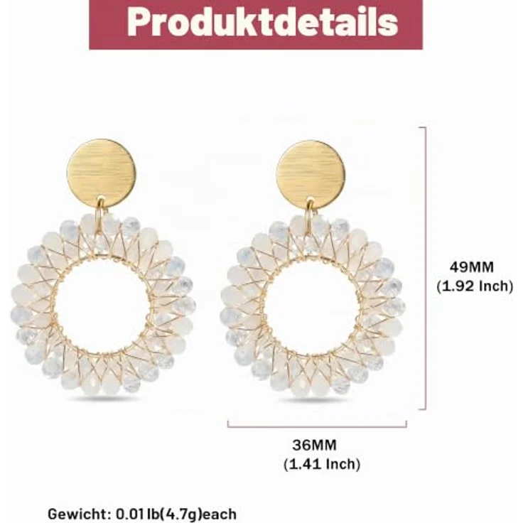 ROISE LADY Boho Statement Ohrringe, Weiß mit runder Form und Kristallweberei, leicht und elegant für Partys und Urlaub – Bild 4