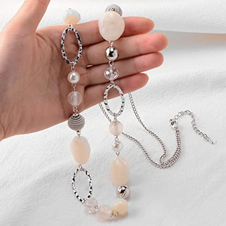 Bulinlin Silber Perplen Lange Kette Damen, Boho Statement Chain Halskette, 35+3 Zoll, weiß – Bild 3