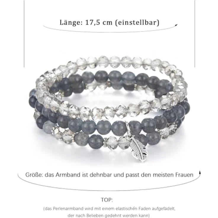 FULU AUTUMN Perlenarmband Set, Mehrschichtiges Stretch Damen-Armband aus Naturstein und Kristall, Boho Modeschmuck in Grau, ideales Geburtstagsgeschenk für Mama und Oma – Bild 5